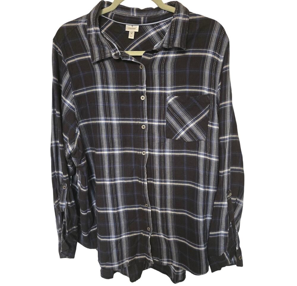 Dressbarn Womens 3XL XXXL Navy Blue White Plaid Button Down Long Sleeve Shirt